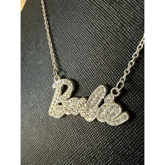 Barbie-Inspired Silver Rhinestone Pendant Necklace Script Logo With Chain - Picture 2 of 10